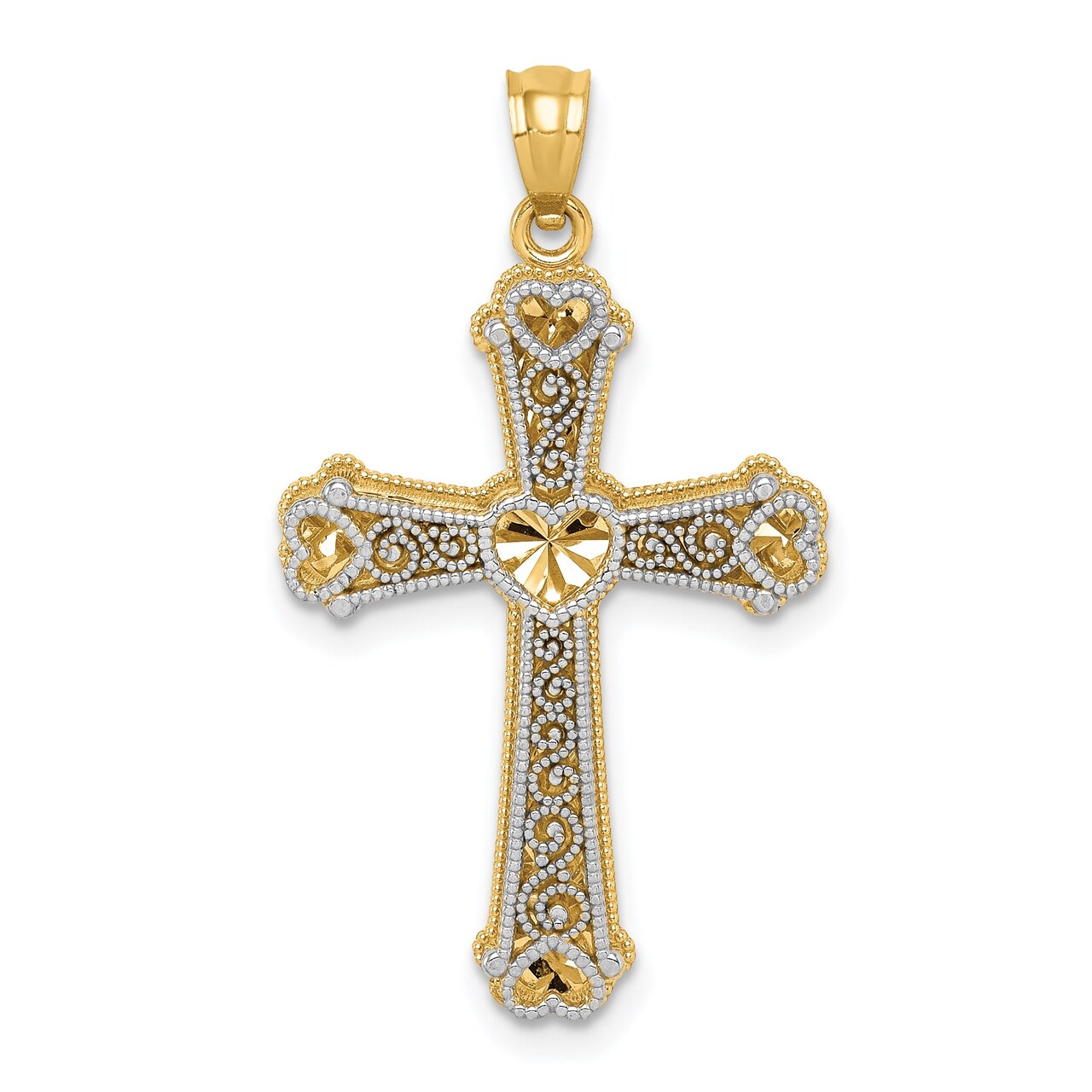 14K Two Tone Gold Hearts Cross Pendant Charm Jewelry 33mm x 19mm
